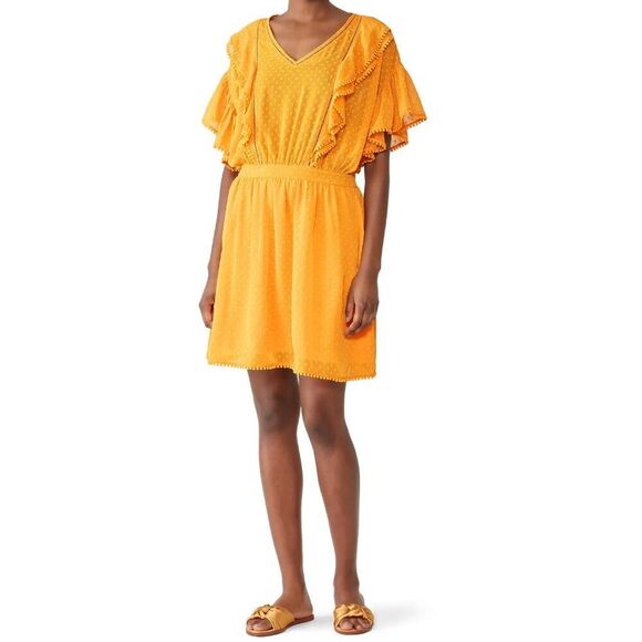 Scotch & Soda Dresses & Skirts - Scotch & Soda Ruffle Sleeve Lace Swiss-Dot Pom Pom Mini Dress Yellow XL